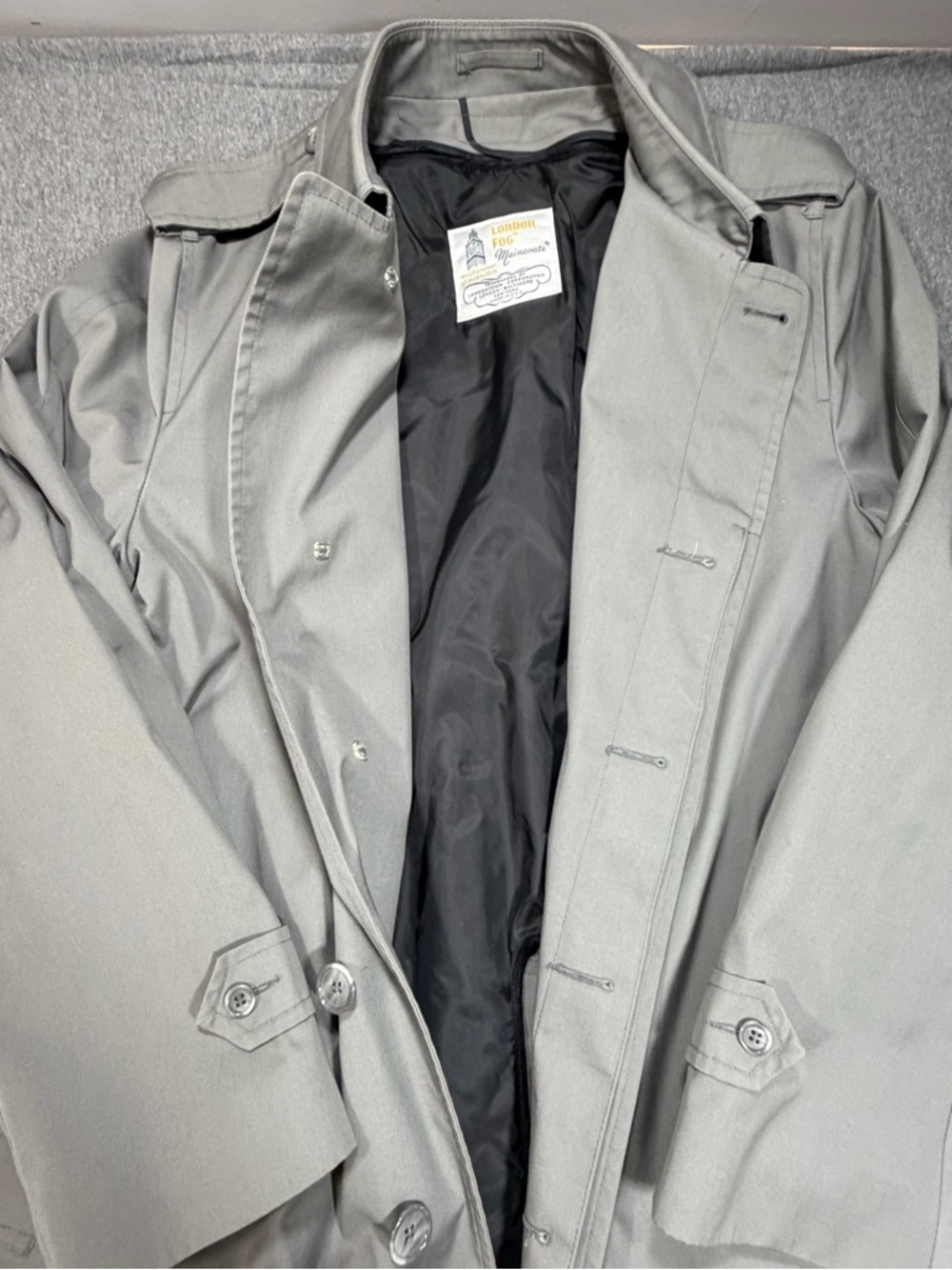 London Fog Maincoats 46 Long Trench Coat Removeable Inner Lining Gray Button - Picture 2 of 7